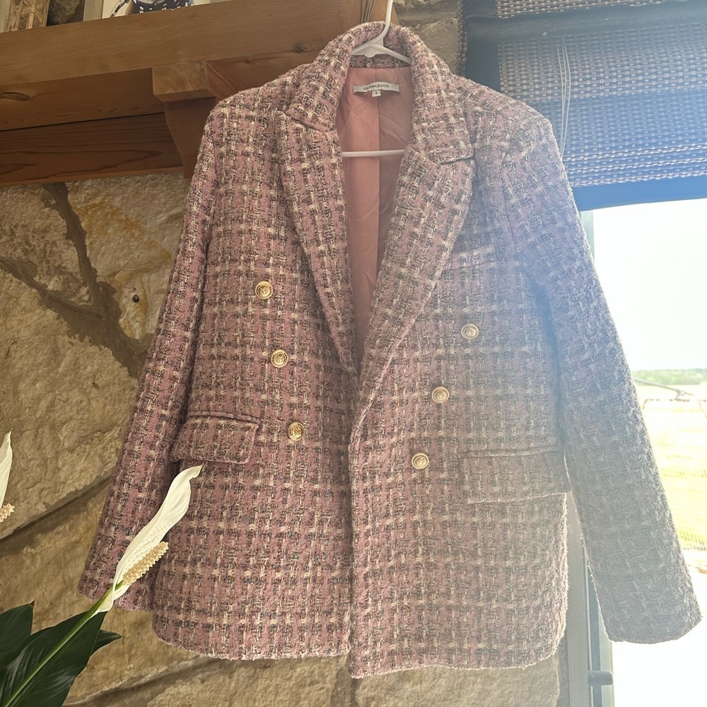 Chic Pink Tweed Double-Breasted Coat - Women's Jacket